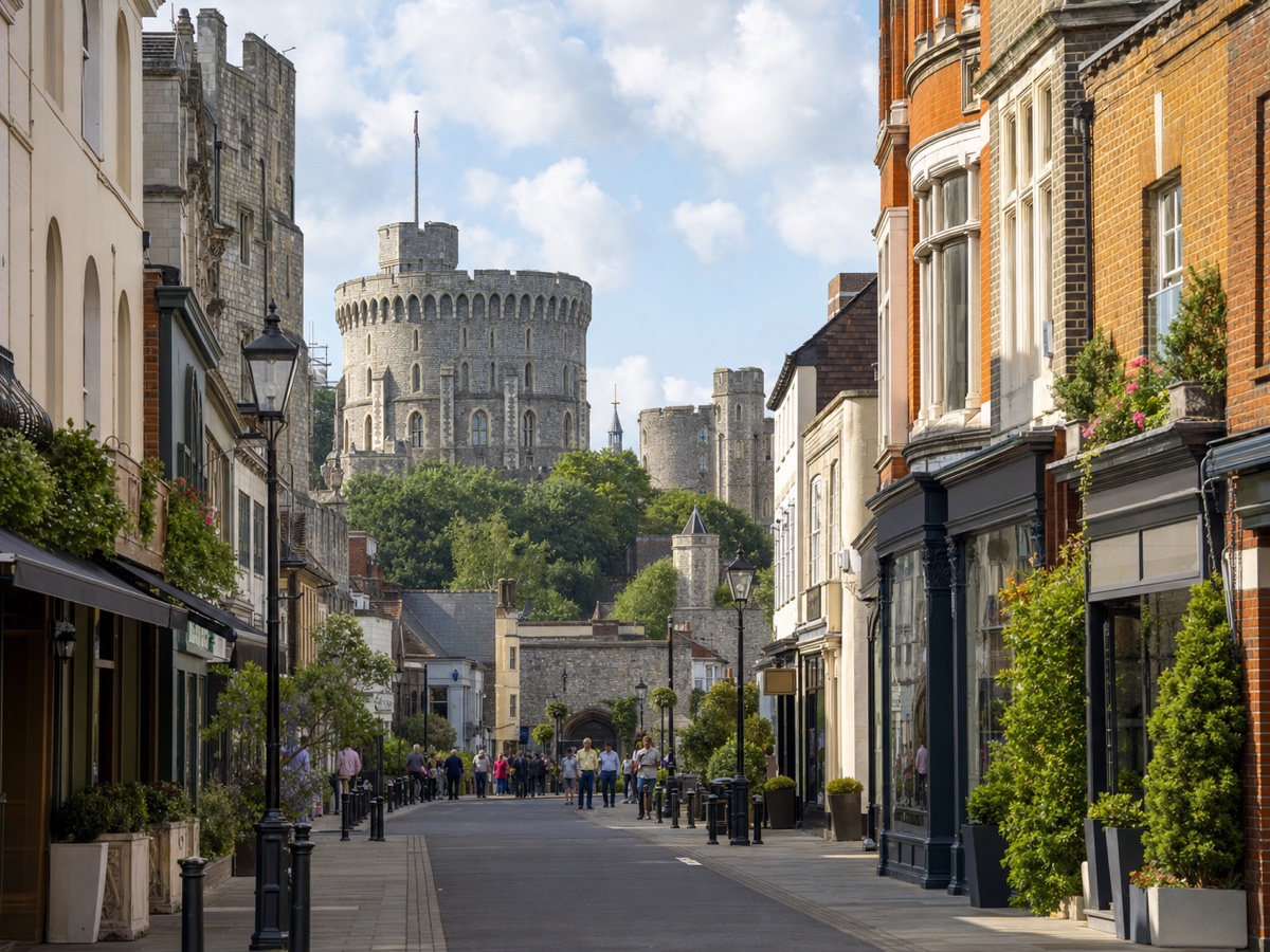 Central Windsor commercial street with Windsor Castle in the background