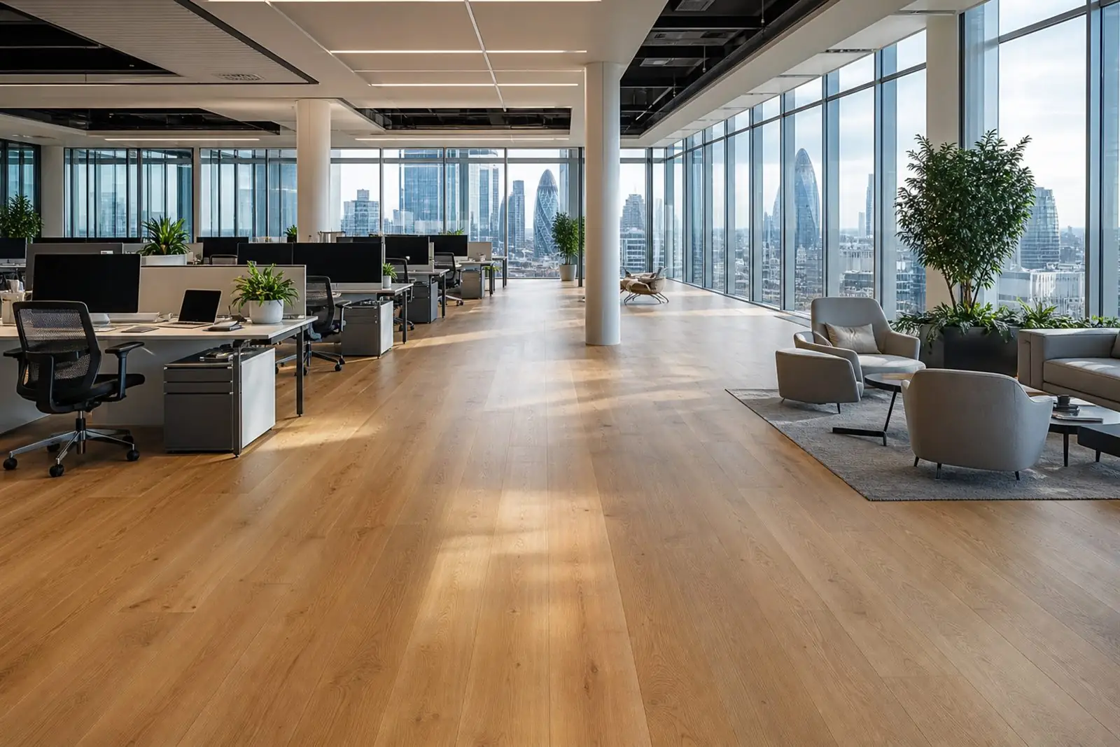 Bright modern London open-plan office with a warm light-oak commercial floor