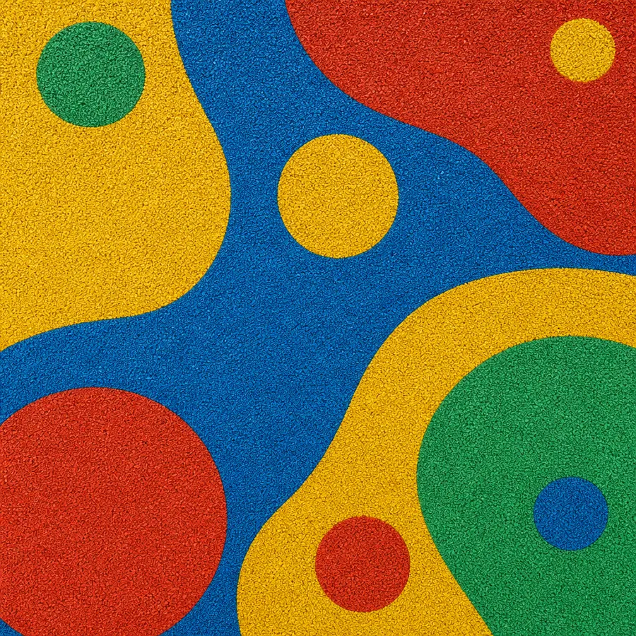 Multicoloured wetpour rubber playground surfacing with inlaid circles and swirls